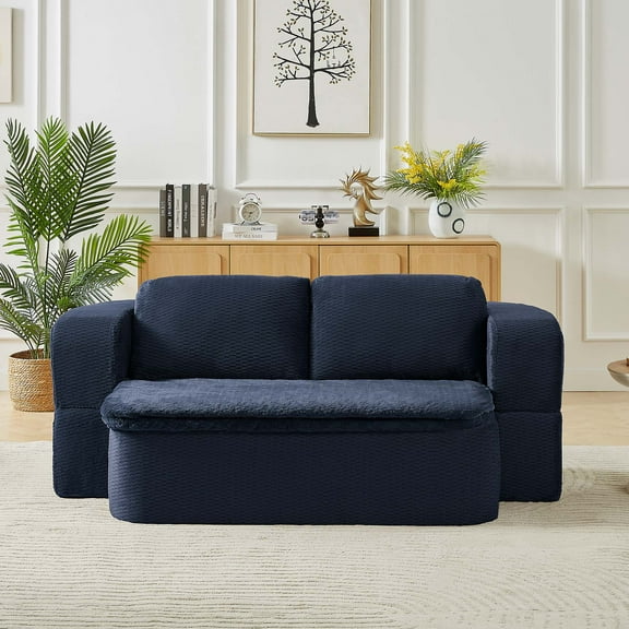 Miniyam 75 in 2 Seats Convertible Sleeper Sofa, Modern Folding Futon Floor Foam Compression Sofa Bed Couch for Living Room Bedroom ApartmentConvertible Sleeper, Dark Blue