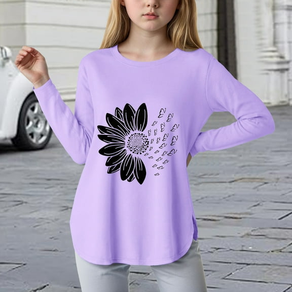 HCNTES Long Sleeve Shirts Kids Curve Hem Side Slit Soft Tunic Tops Girls Fashion T Shirts 5 14 Years(N1247-Purple,9-10 Years)