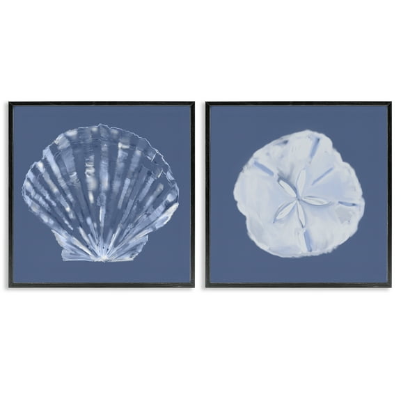 Stupell Industries Denim Sand Dollar & Scallop Nautical & Beach Painting Black Framed Art Print Wall Art, 12 x 12, Set of 2
