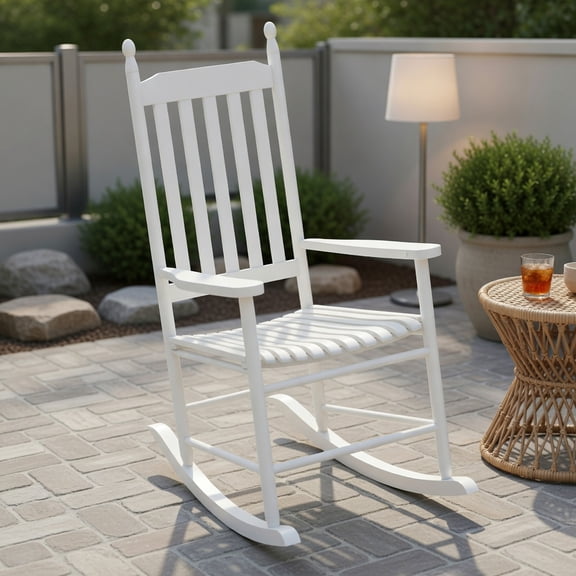 Yardi Yard High-Back Acacia Wood Outdoor Rocking Chair with Solid Rocking Base, Patio Furniture Chair, Balcony Porch Adult Rocking Chair-White