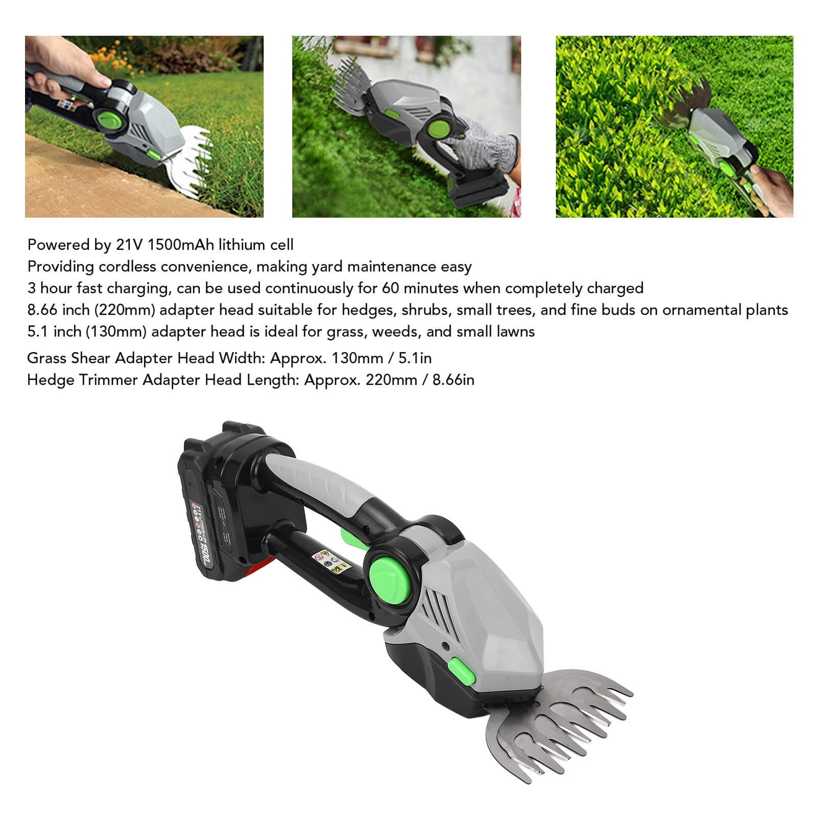 Yajisi 21V Cordless 2‑in‑1 Hedge Trimmer & Grass Shear – 22000rpm, 1.5Ah Li Battery, Dual 5.1” & 8.66” Heads, 60‑min Runtime, Safety Lock, Adjustable 15°‑60° Head