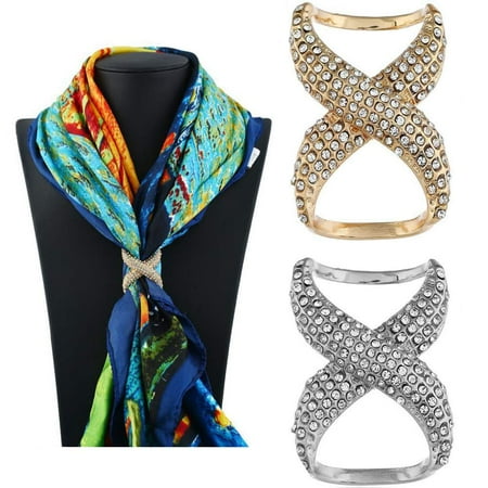 2PCS(Gold+Silver) Women Lady Girls Fashion Rhinestone Inlayed Scarf Buckle Modern Simple Jewelry Silk Scarf Clasp Clips Clothing Wrap Holder Decoration Accessories for T-Shirt Neckerchief Shawl C64