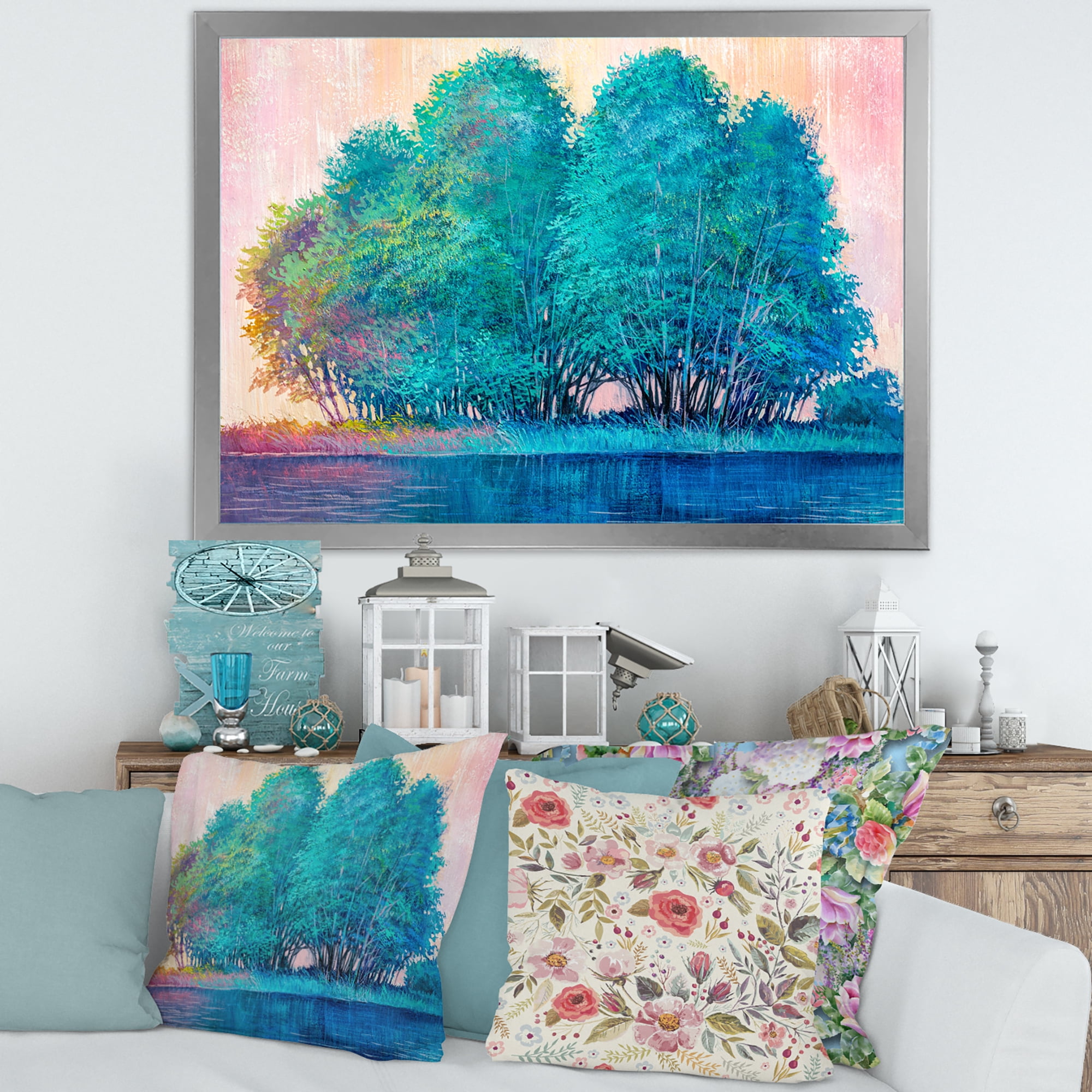 Designart 'Blue Coloured Tree Impression By Lakeside' Lake House Framed Art Print