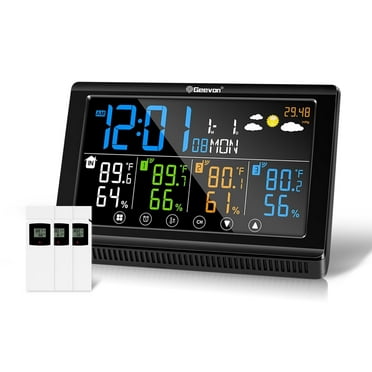 Geevon Weather Station Wireless Indoor Outdoor Thermometer 3 Sensors, Color Display Digital Temperature Humidity Monitor with Barometer, Calendar, USB Charge and Adjustable Backlight(350°view angle)