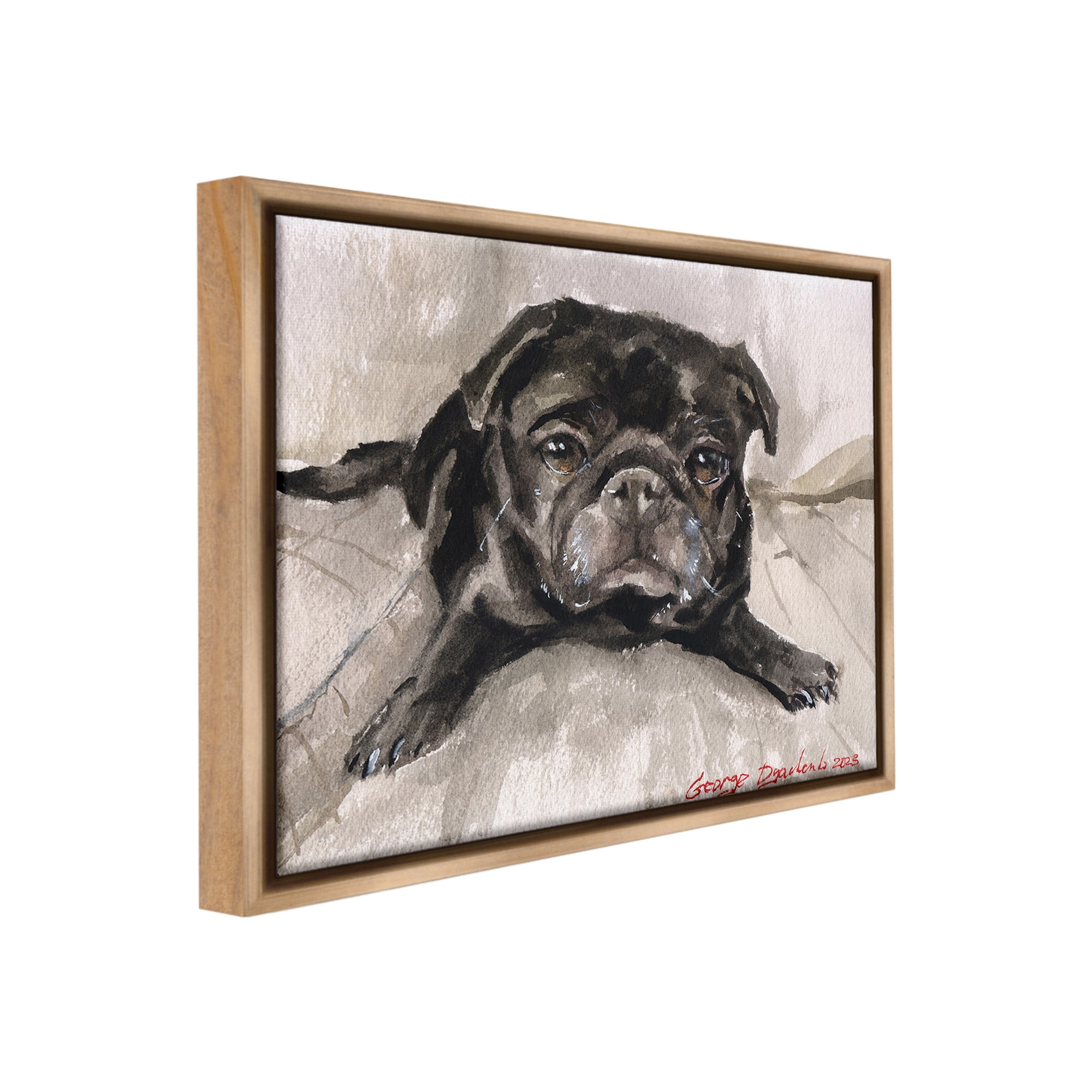 Stupell Industries Cozy Pug Relaxing Animals & Insects Painting Brown Floater Framed Canvas Art Print Wall Art, 31 x 25