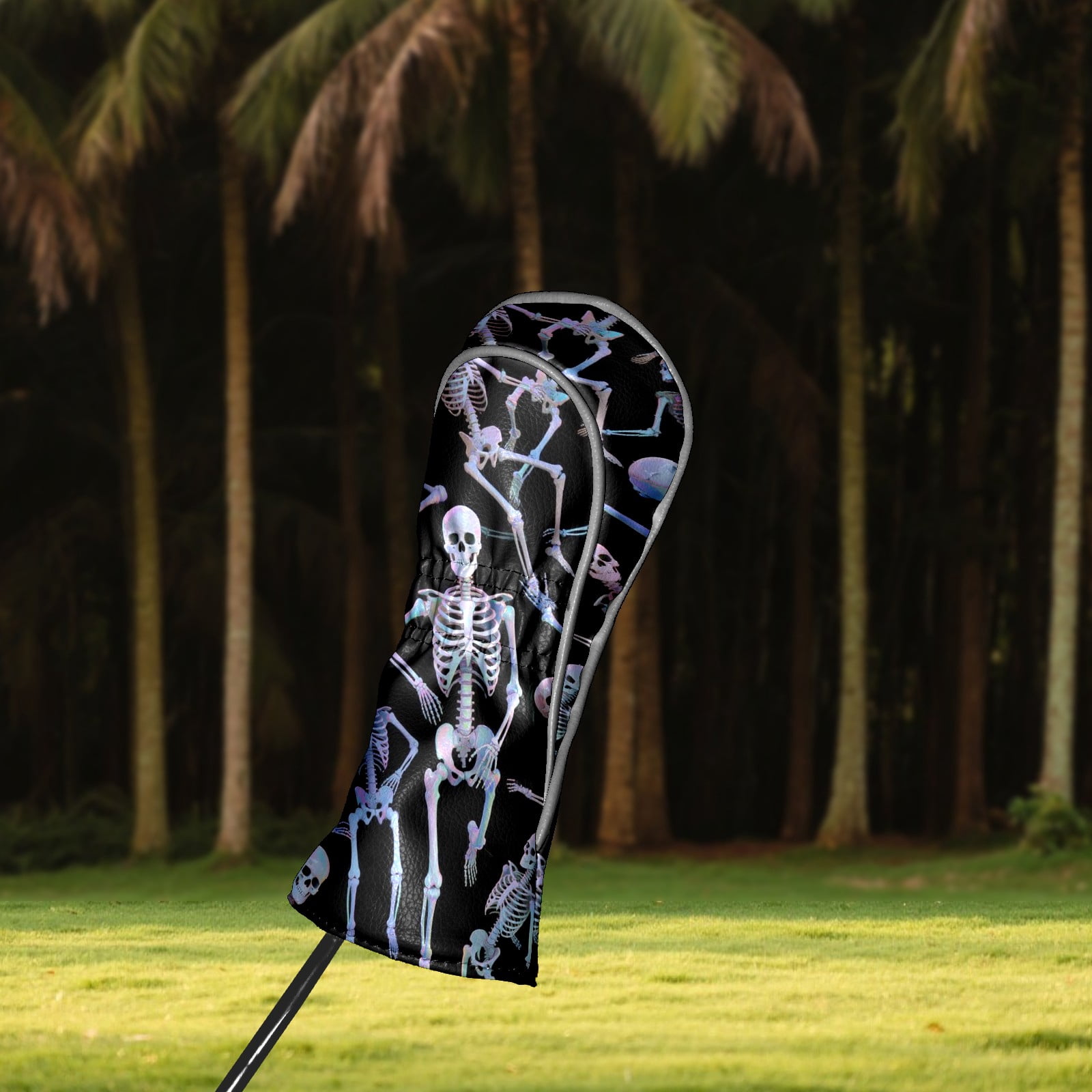 Golf Club Covers, Black Skeleton Premium PU Leather Driver Hybrid Putter Head Covers with Velvet Lining, Waterproof Golf Gifts for Men Women