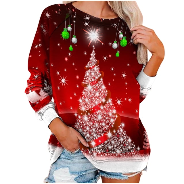 Sudaderas de Cuello Redondo de Navidad Para Mujer Suéter Con Estampado de Navidad Blusa Suelta Tops Sin Capucha Odeerbi ODB203111