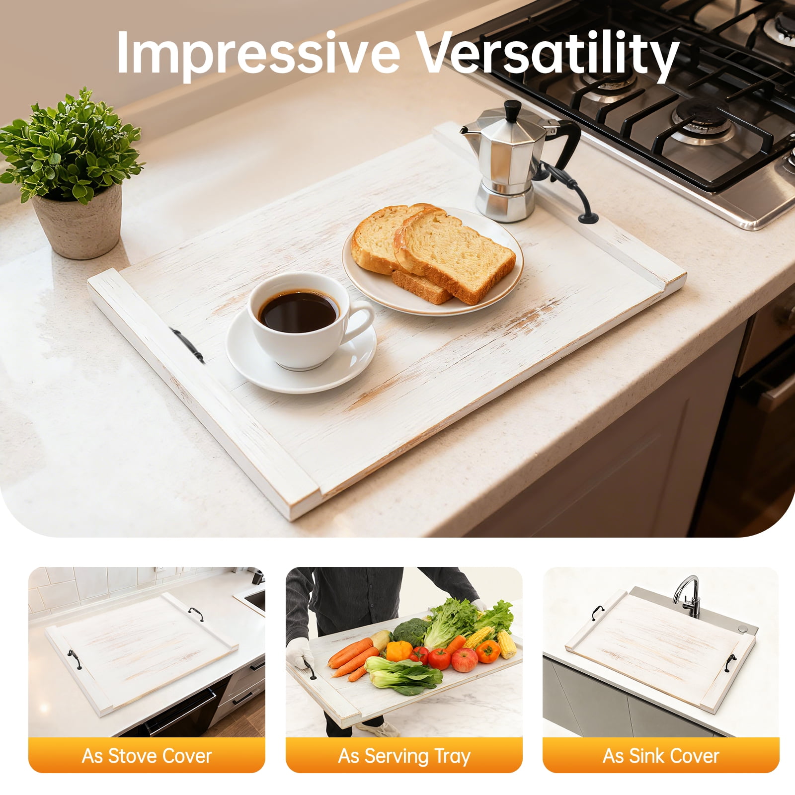 22 In Noodle Board Stove Covers with Handles, Wood Handmade Cookware, Counter Space Top Covers for Electric Stoves Sink Tray for Kitchen（White）