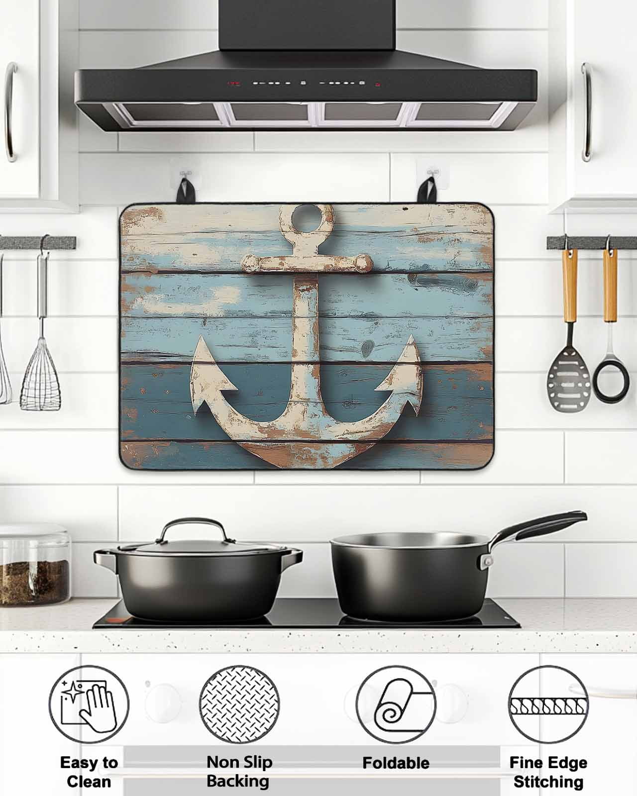 Nautical Anchor Stove Top Covers for Electric Stove, 28'x20'' Vintage Style Blue Wood Grain Glass Ceramic Stove Cover Foldable Rubber Mat Heat Resistant Cooktop Protector for Kitchen