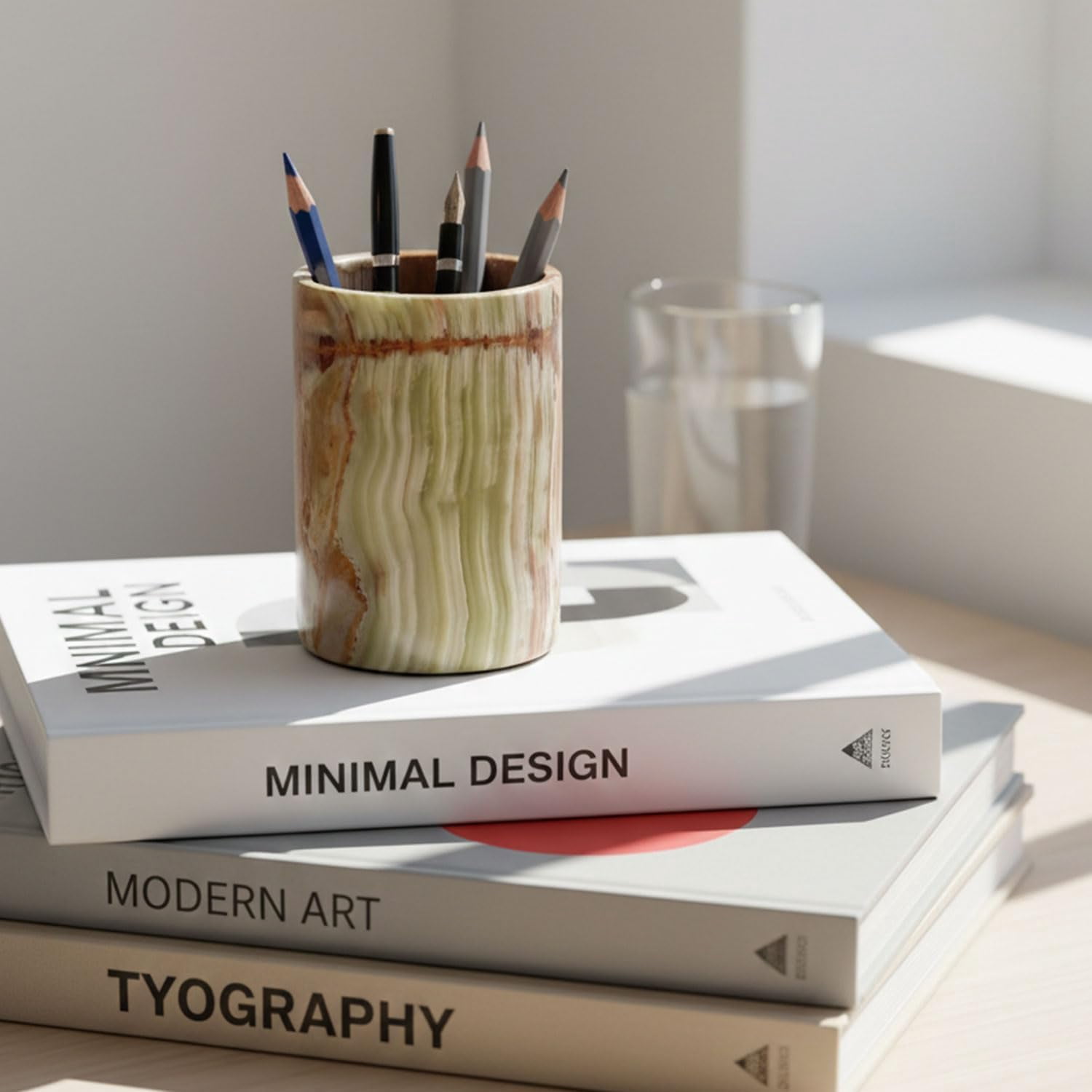 Radicaln Green Marble Stationary Holder 4" – Desk Pen Holder, Brush Container, Art Supplies Organizer, Toothbrush Cup, Luxury Office & Vanity Décor