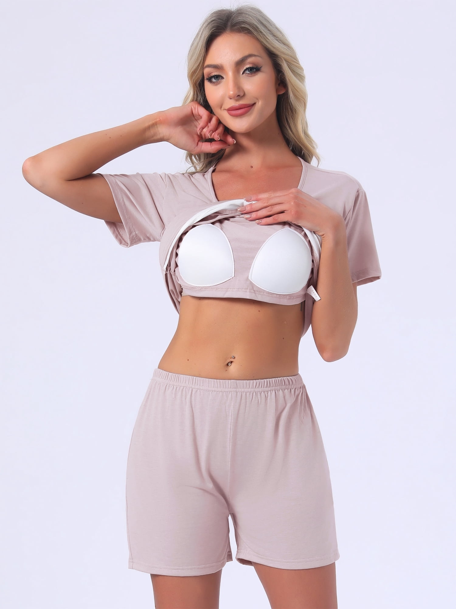 DARING DIVA Women's Pajama Set with Built-in Bra and Shorts Comfy Lounge Set S Pink