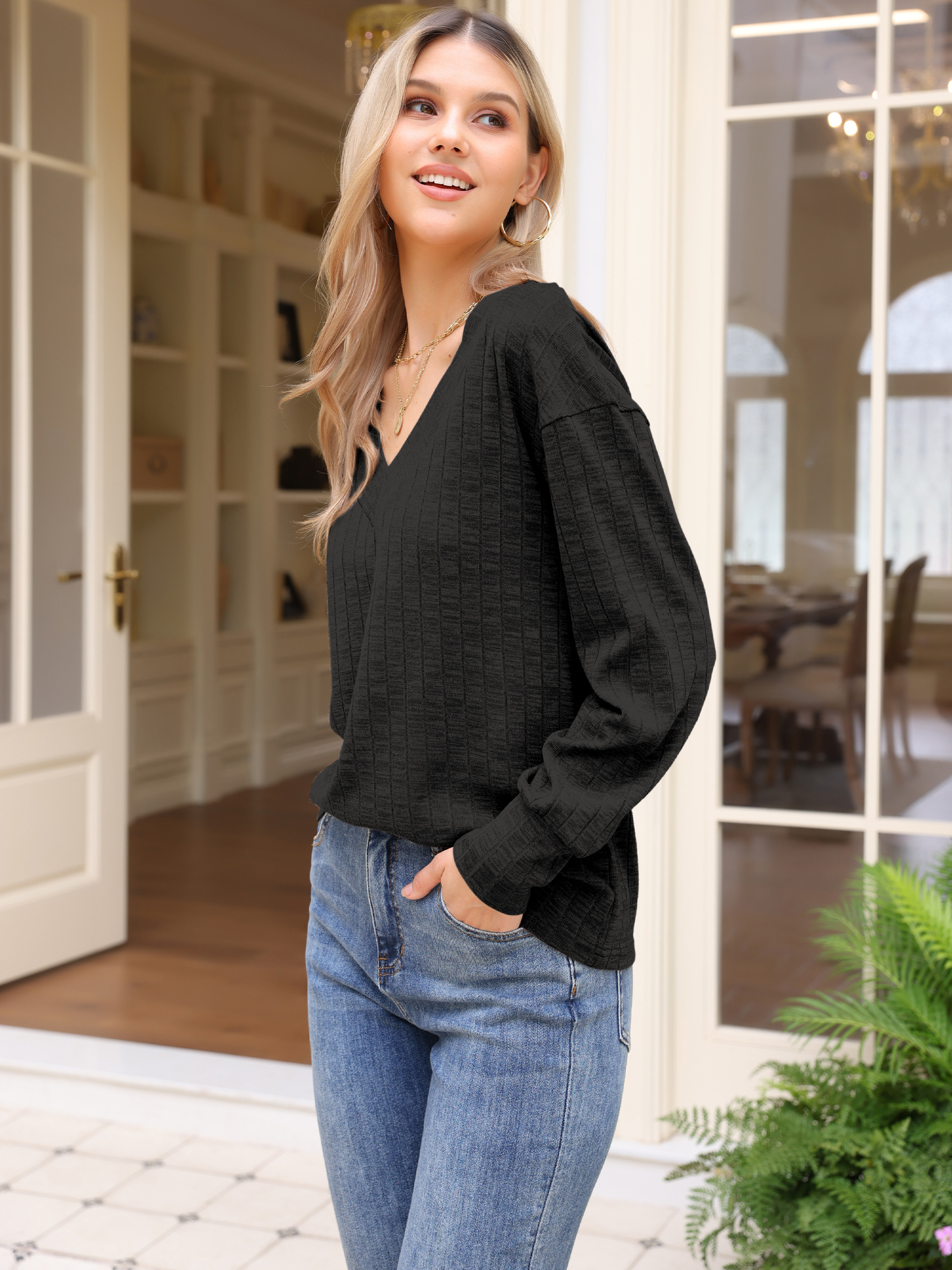 DARING DIVA Women's V Neck Long Sleeve Casual Knit Tunic Sweater XS Black