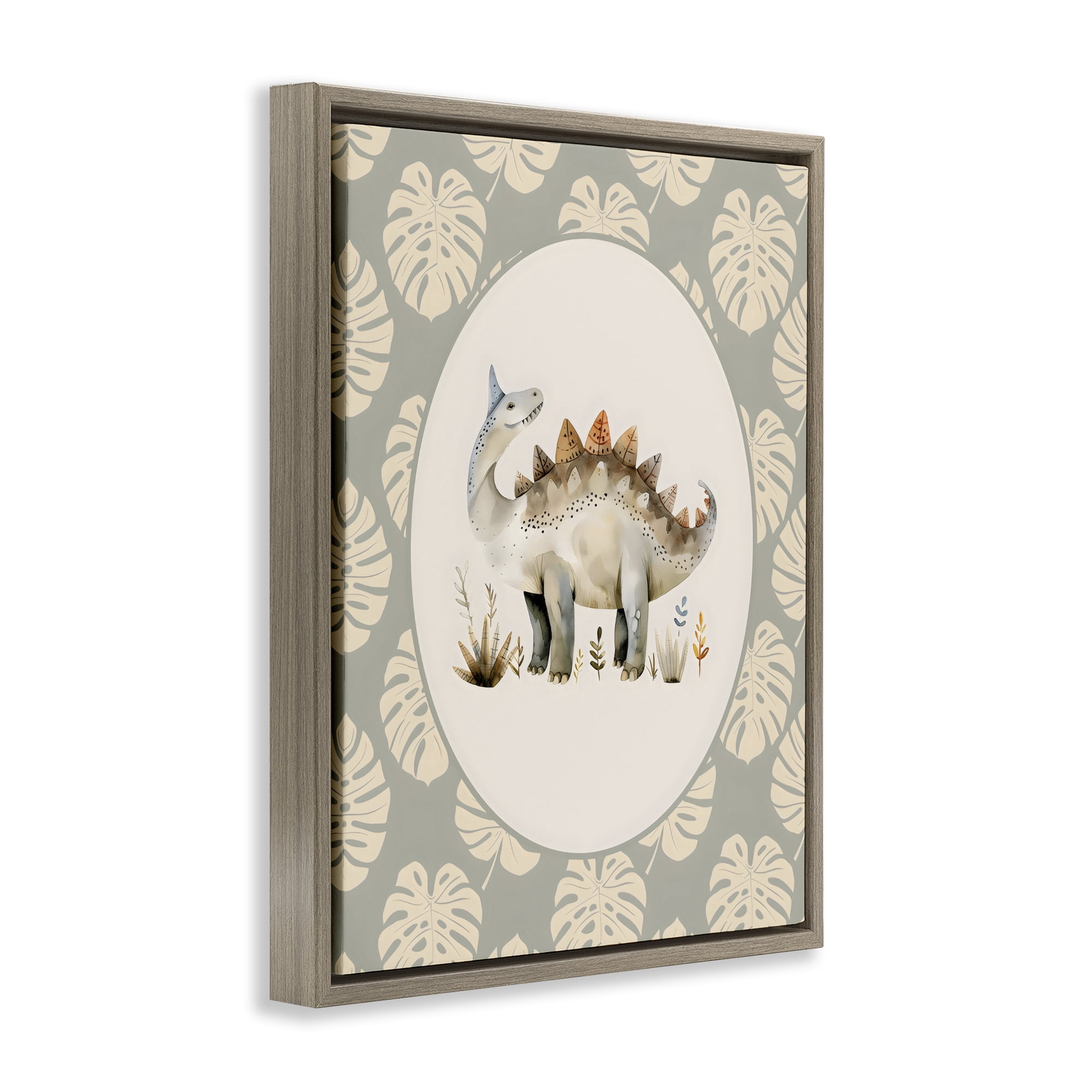 Stupell Industries Watercolor Dinosaur Monstera Border Brown Framed Floater Canvas Wall Art, design by LSR Design Studio