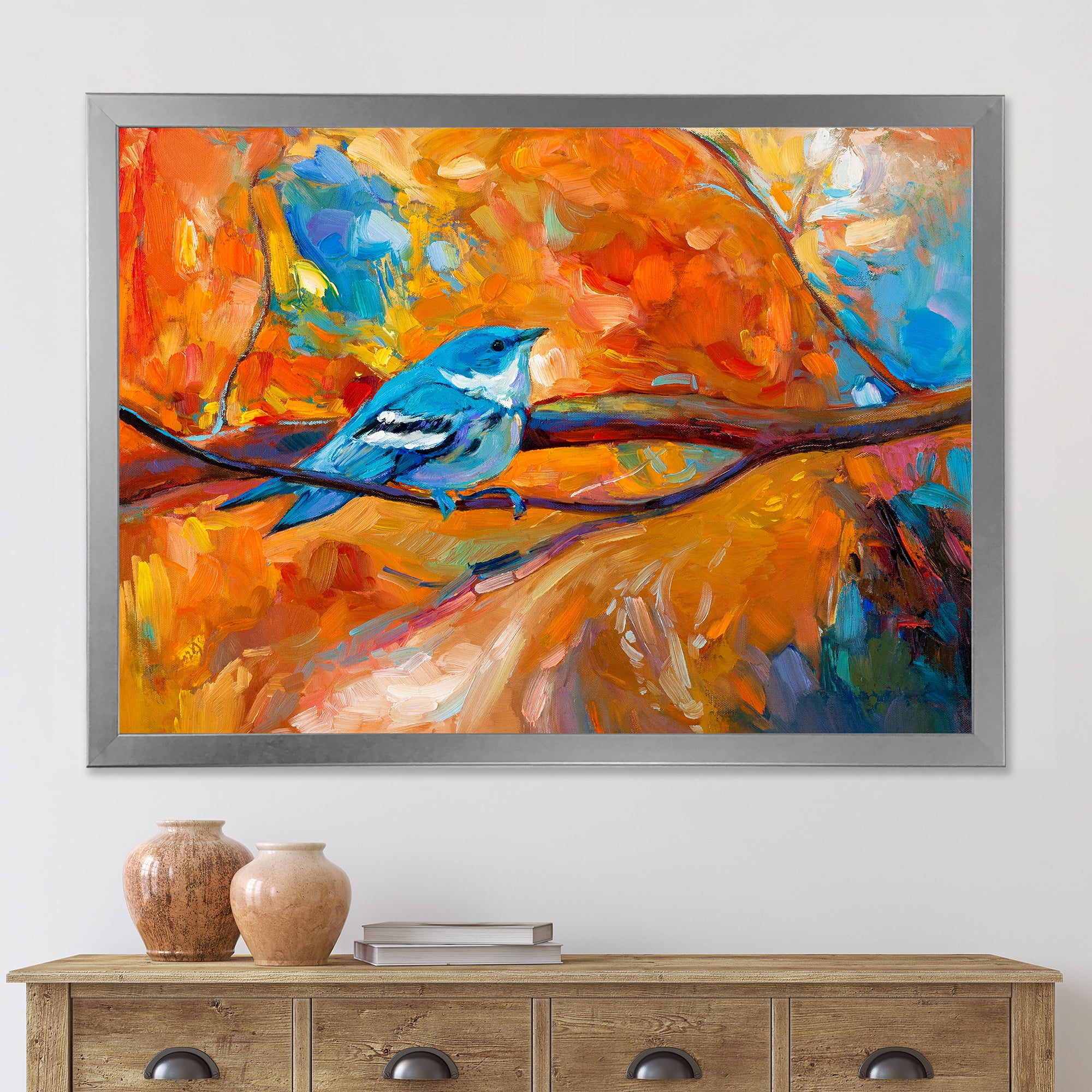Designart 'Blue Cerulean Warbler Bird Sitting On A Branch' Traditional Framed Art Print