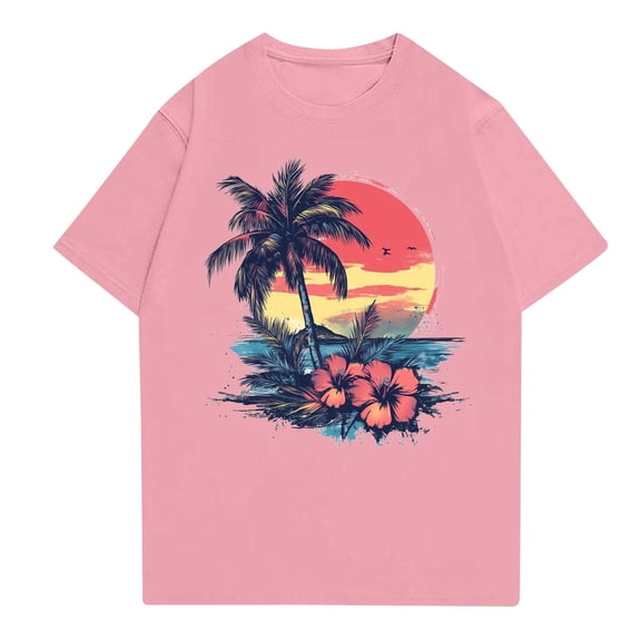 NAMTYQX Womens Graphic Tees Crew Neck Hawaii Tropical Graphic Lightweight Classic Loose Fitting Plus Size Casual Short Sleeve Pink Size 3XL