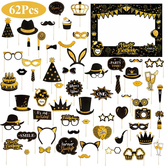 Yalumo 62 PCS Birthday Photo Booth Props Kit, Funny Photobooth Props with Frame and Sticks, Happy Birthday Party Favors Supplies Selfie Props, Black Gold