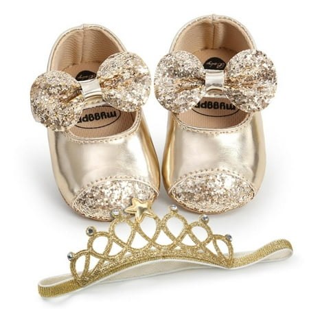 

Baozhu Baywell Baby Girl Shoes + Hair Band Infant Toddler Fashion PU Sequins Bowknot Non-slip Princess First Walker Baptism Shoes