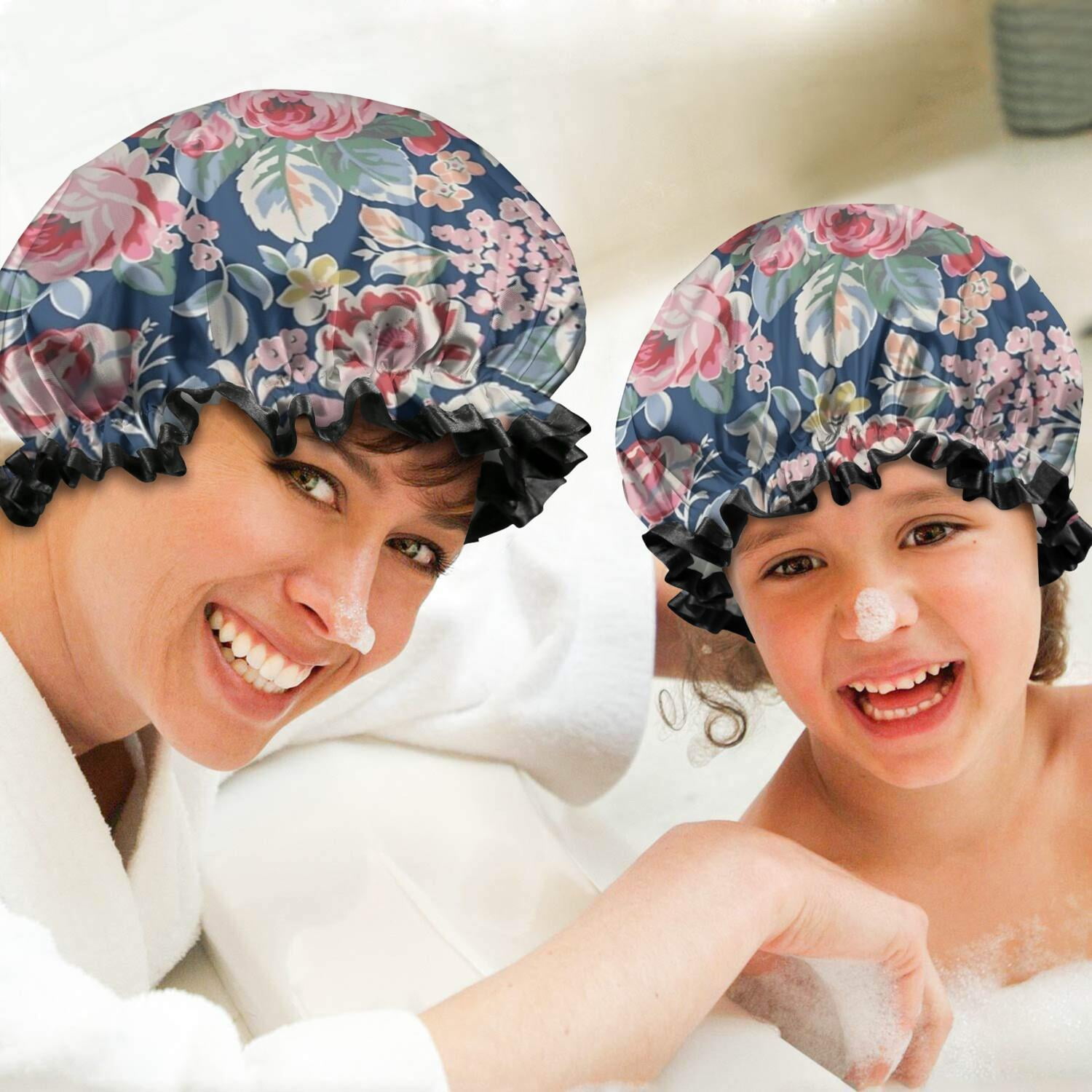 Shower Caps,Pioneer Flower Floral Print Pattern Waterproof Shower Cap for Women 4 Pieces,Double Reusable Hair Cover for Shower PEVA Elastic Stretch Hem