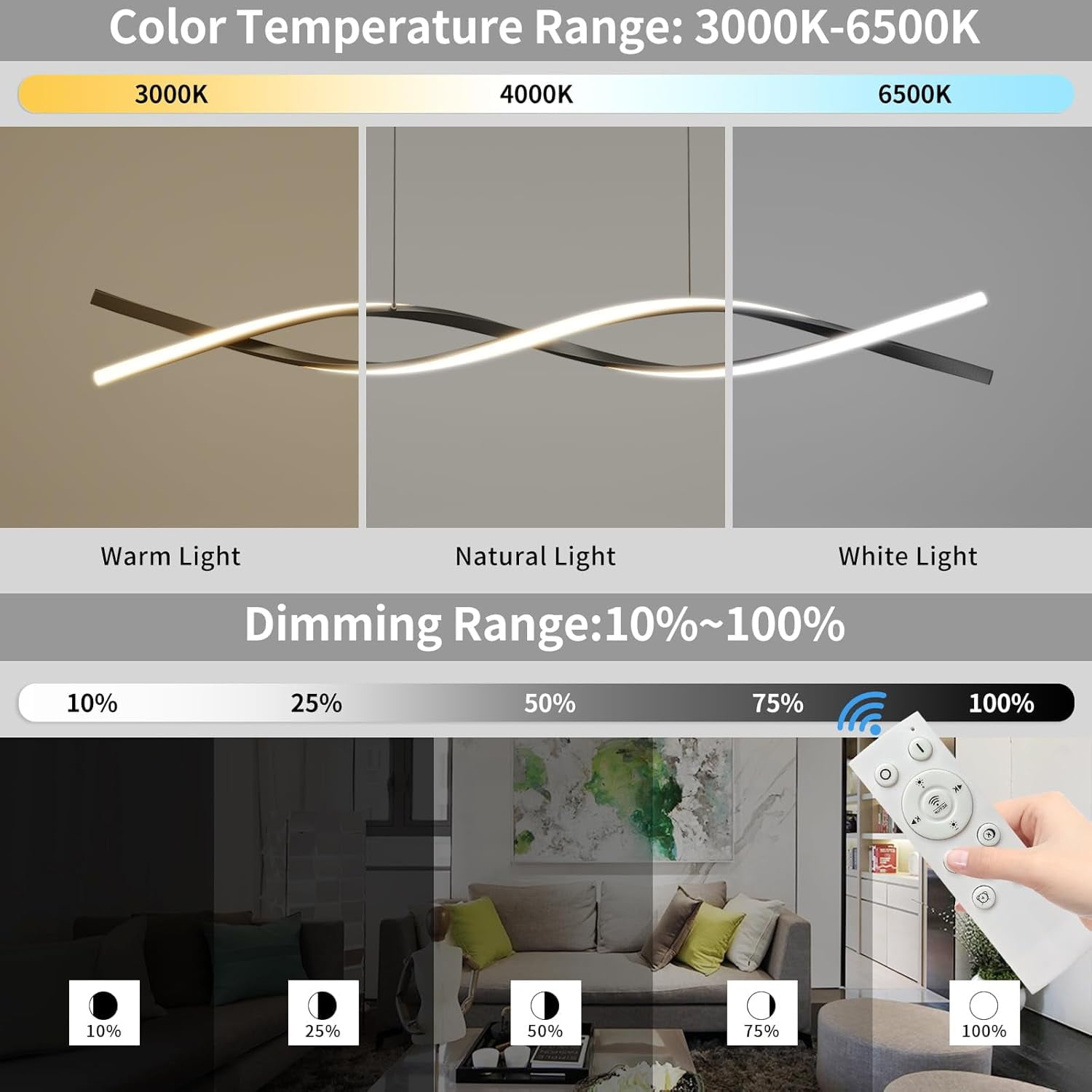 39inch Black Chandelier Modern Ceiling Wave Pendant Light Fixtures Hanging LED Color Temperature and Height Adjustable Chandeliers