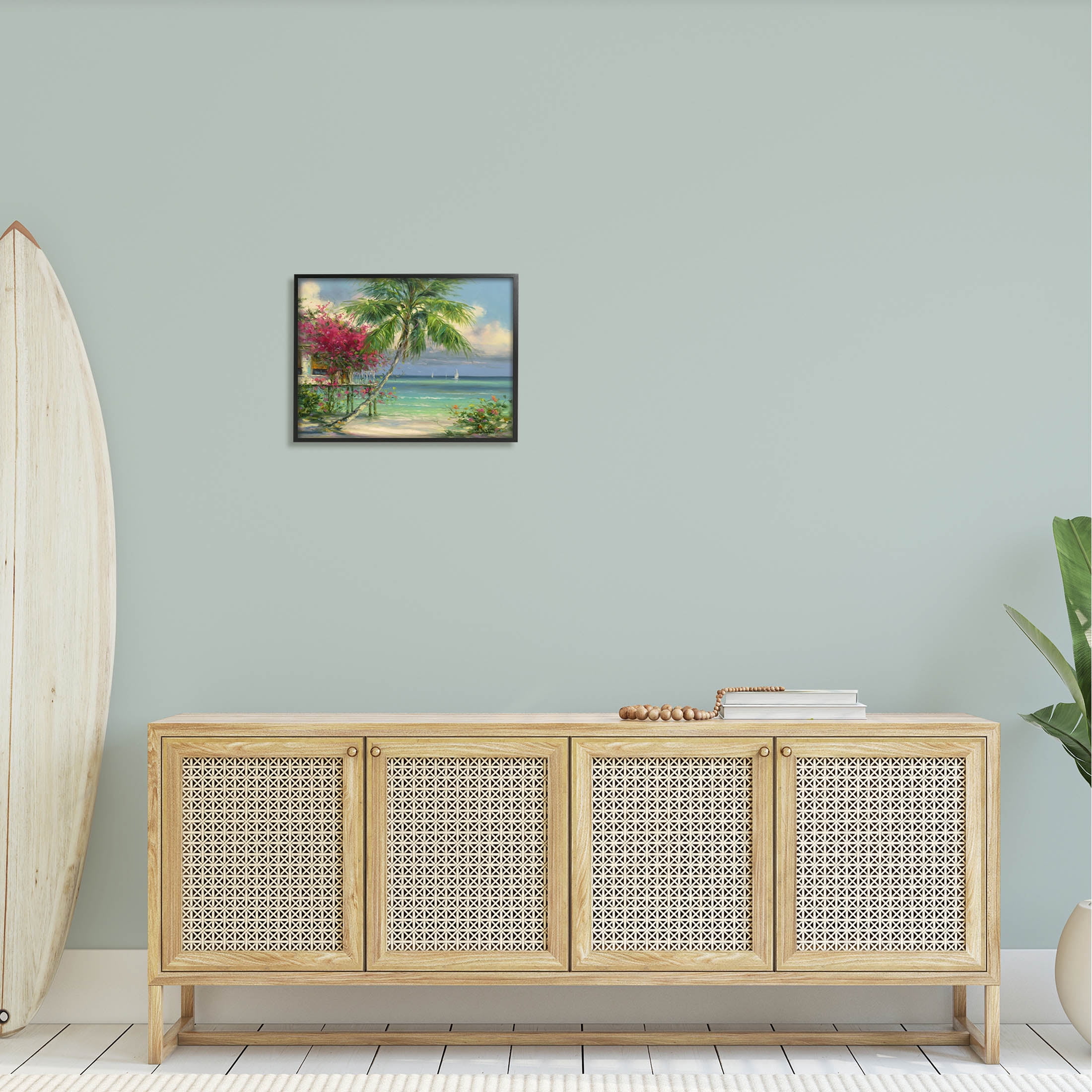 Floral Tropical Summer Vacation Resort Landscape Painting Black Framed Art Print Wall Art