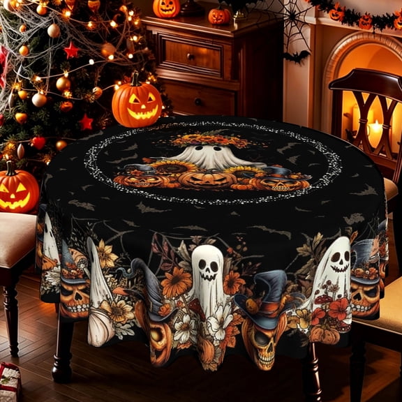 Retro Spooky Ghost Pumpkin Skull Sunflower 2D Print Round Tablecloth, Vintage Halloween Themed Table Cover for Kitchen Dining Outdoor Patio, Halloween Party Decor