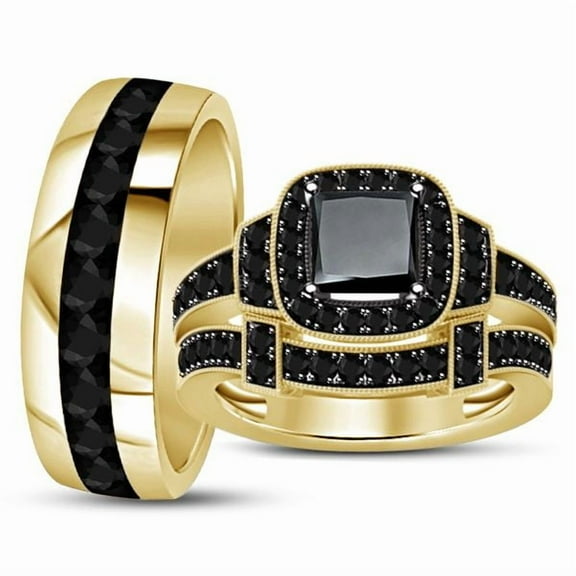 Dreamofdazzles Jewels 3.10 Ctw Princess Cut Black Diamond Wedding Anniversary His & Her Wedding Ring Trio Set Band Ring 14K Yellow Gold Plated 925 Sterling Silver 925 Sterling Silver -9