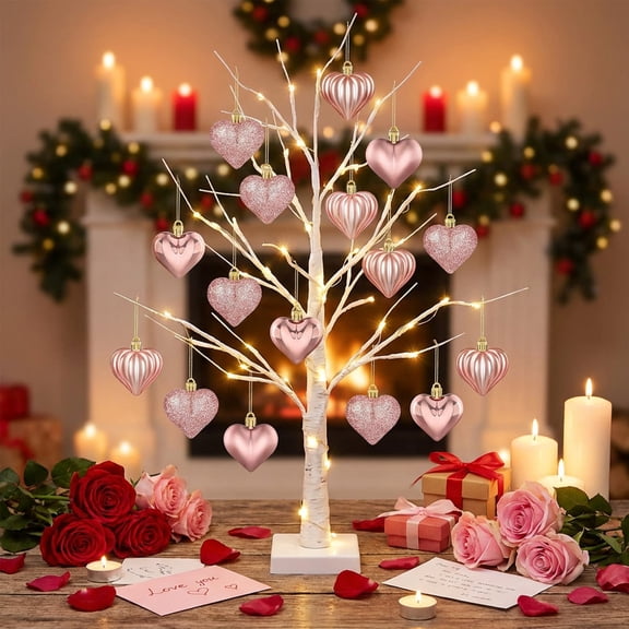 DwellJoy Valentine's Day Heart Ornaments, 24-Pack Heart Shaped Hanging Decorations for Romantic Party, Christmas Tree, Wedding, Glossy Matte Glitter Plastic Decorative Hearts