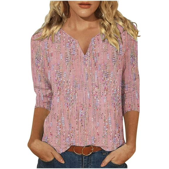 Utoimkio 3/4 Sleeve Blouses for Women Plus Size V Neck Shirts Casual Floral Print Lightweight Loose Fit Tee Tops for Women