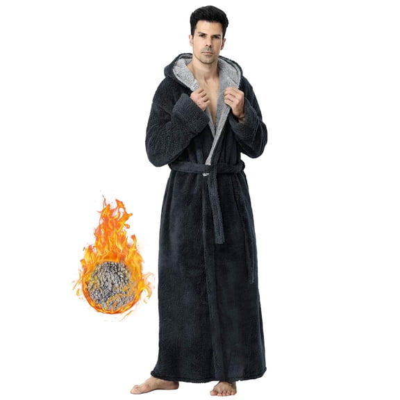 Robes for Men, LOFIR Long Mens Robes, Warm Soft Plush Mens Robe with Hood, Thick Robe for Men with Side Pocket and Belt, Bathrobes for Men Gifts, Gray, XL