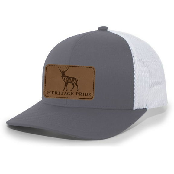 Heritage Pride Scenic Deer Engraved Leather Patch Mens Trucker Hat Baseball Cap, Charcoal/White