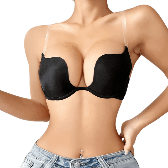 Womens Low Plunge Push Up Bra with Clear Straps Low Cut Convertible
