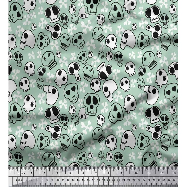 Soimoi Viscose Chiffon Fabric Crossbone & Skull Halloween Printed Fabric 1 Yard 42 Inch Wide