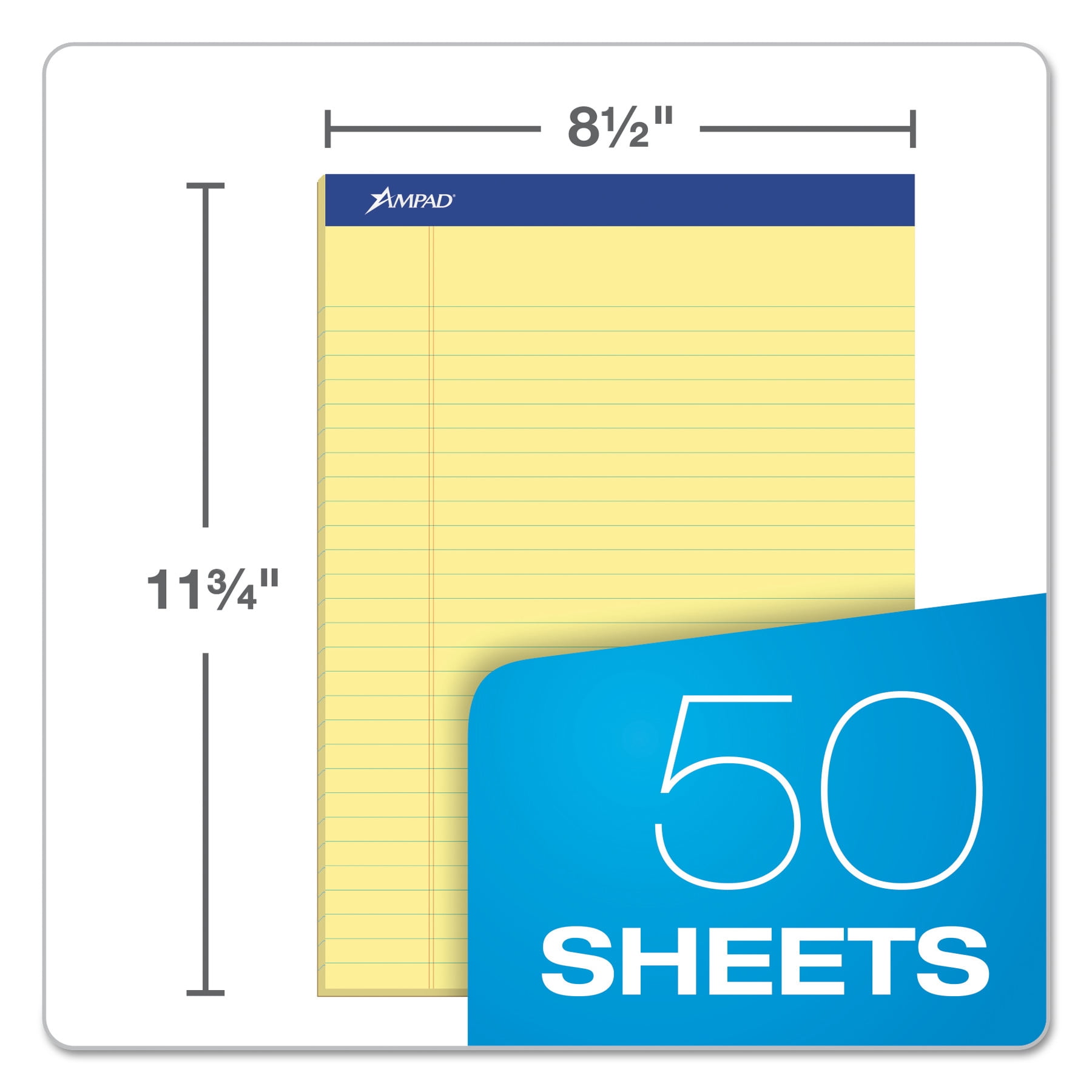 Ampad Perforated Writing Pad, 8 1/2 x 11 3/4, Canary, 50 Sheets, Dozen -TOP20220