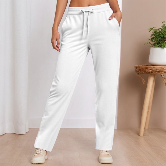 Womens Sweatpants Baggy Drawstring Straight Leg Sports Pants Relaxed Fit Spring Fall Lined Joggers White XL