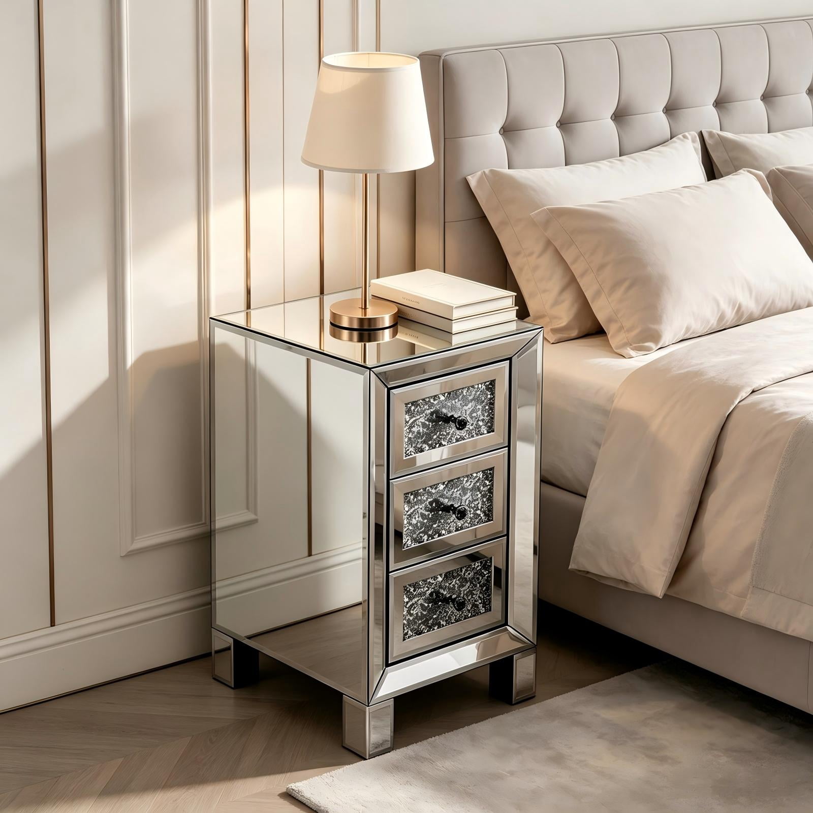 3-Drawer Mirrored Nightstand with Crushed-Diamond Drawer Fronts, Slim Bedside Table for Bedroom, Dressing Room, or Guest Room
