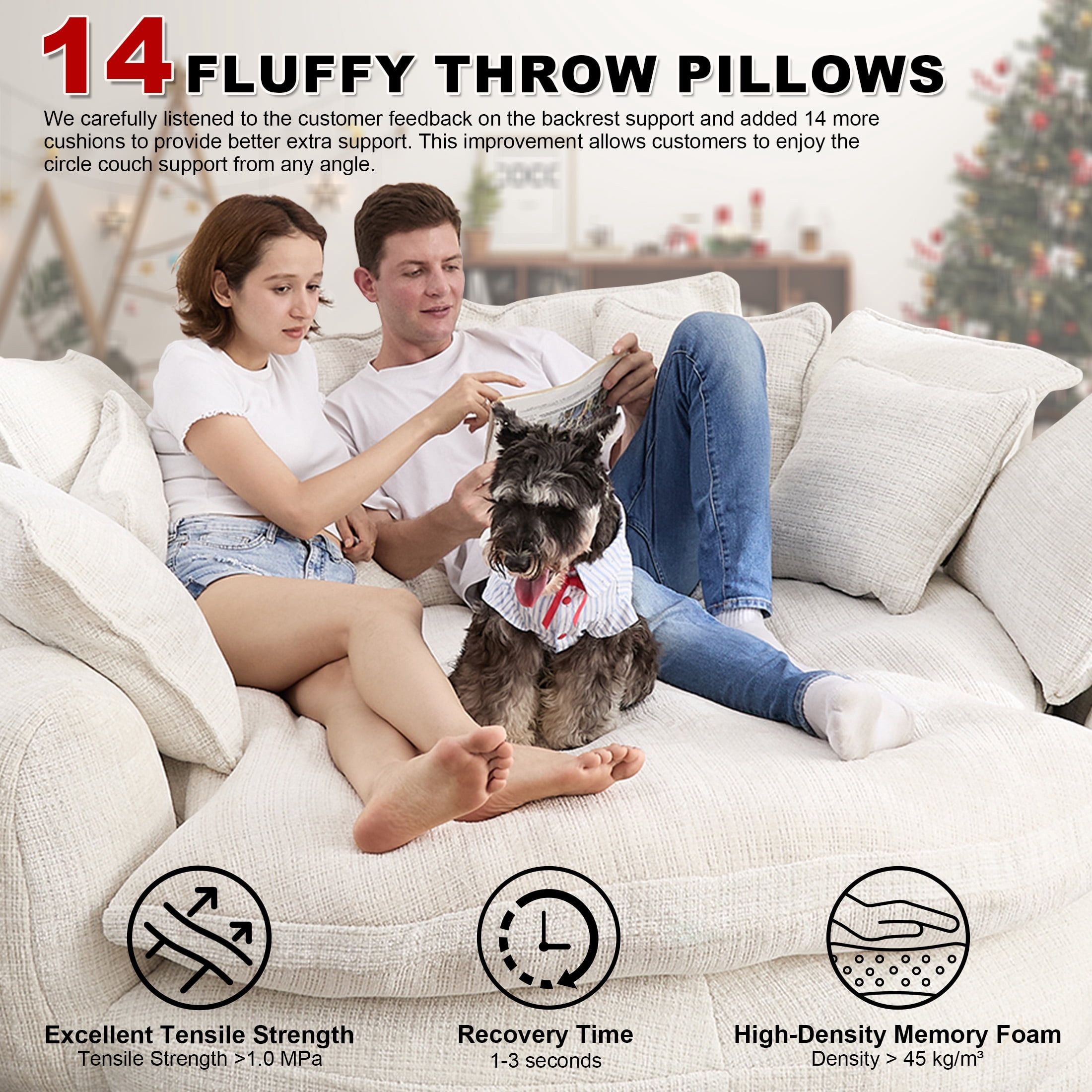 Aukfa 81.1" Oversized Cloud Couch Sleeper Sofa with Round Chaise Lounge, Modern Chenille Upholstered Boneless Sofa with Memory Foam and 14 Pillows, Beige