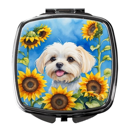 Maltese in Sunflowers Compact Mirror 2.75 in x 3 in