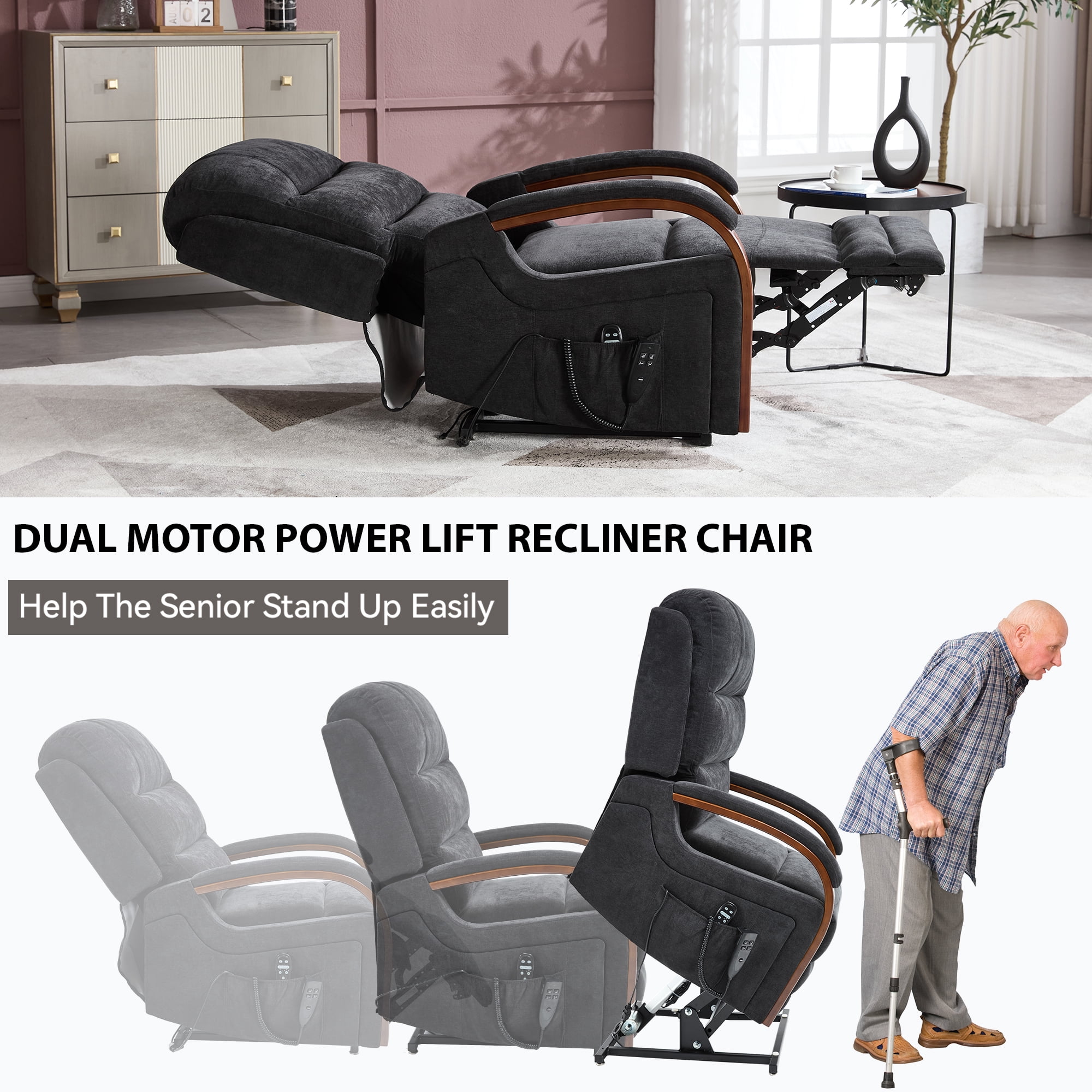 Gewnee Power Lift Recliner Chair with Heat and Massage,Lay Flat Assist Recliner with Side Pocket & Solid Wood Armrest,Lift Chair for Living Room.Black Chenille