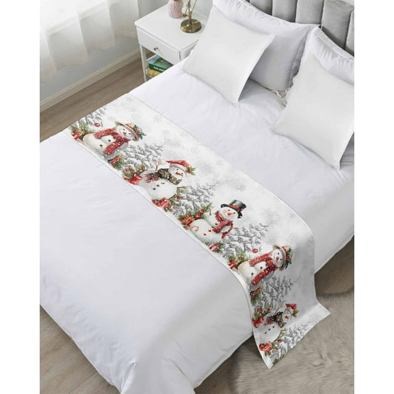 Christmas Bed Runner for Full/ Queen Size Bed, Xmas Snowman Tree Botanical Gray Bedspread Protector Slipcover Bed Scarf for Foot Bed Runners & Scarves for Bedroom Hotel Wedding Room 83x20 Inches