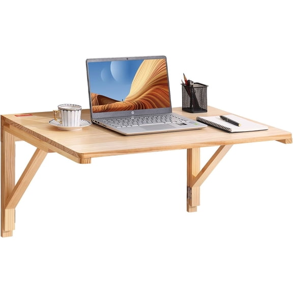QRKD Wall Mounted Folding Table, Wall Mounted Drop Leaf Tables, Solid Wood Floating Desk for Dining, Laundry Room, Office, 31.5" x 23.58" x 17.24" Fold Down Desk(Wooden)