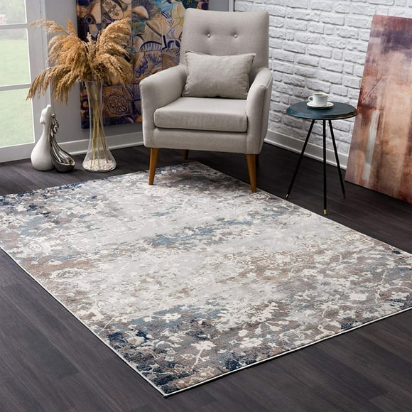 homeroots home decor 390182 8’ x 11’ Navy and Beige Distressed Vines Area Rug