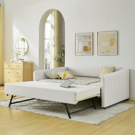 New Full Size Daybed with Trundle Upholstered Sofa Bed, with Vertical Stripes, Linen Fabric, Beige (82.5"x58"x30")