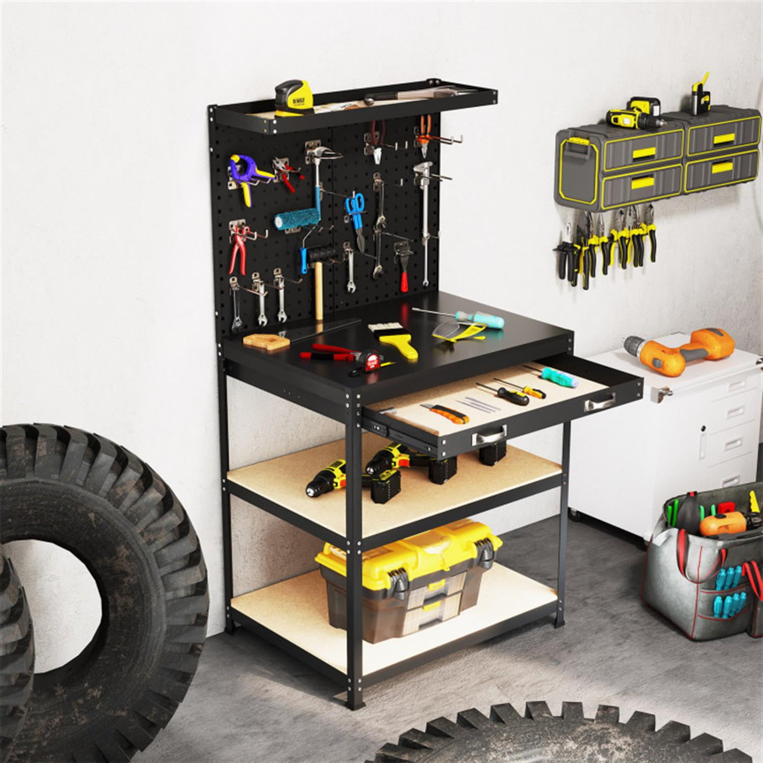 Demi Bonn 32" x 16" Workbench Work Table with 2 PCs Pegboard Drawer and Shelves, 4-Tier Heavy Duty Metal Tool Storage Bench for Garage, Workshop, Black