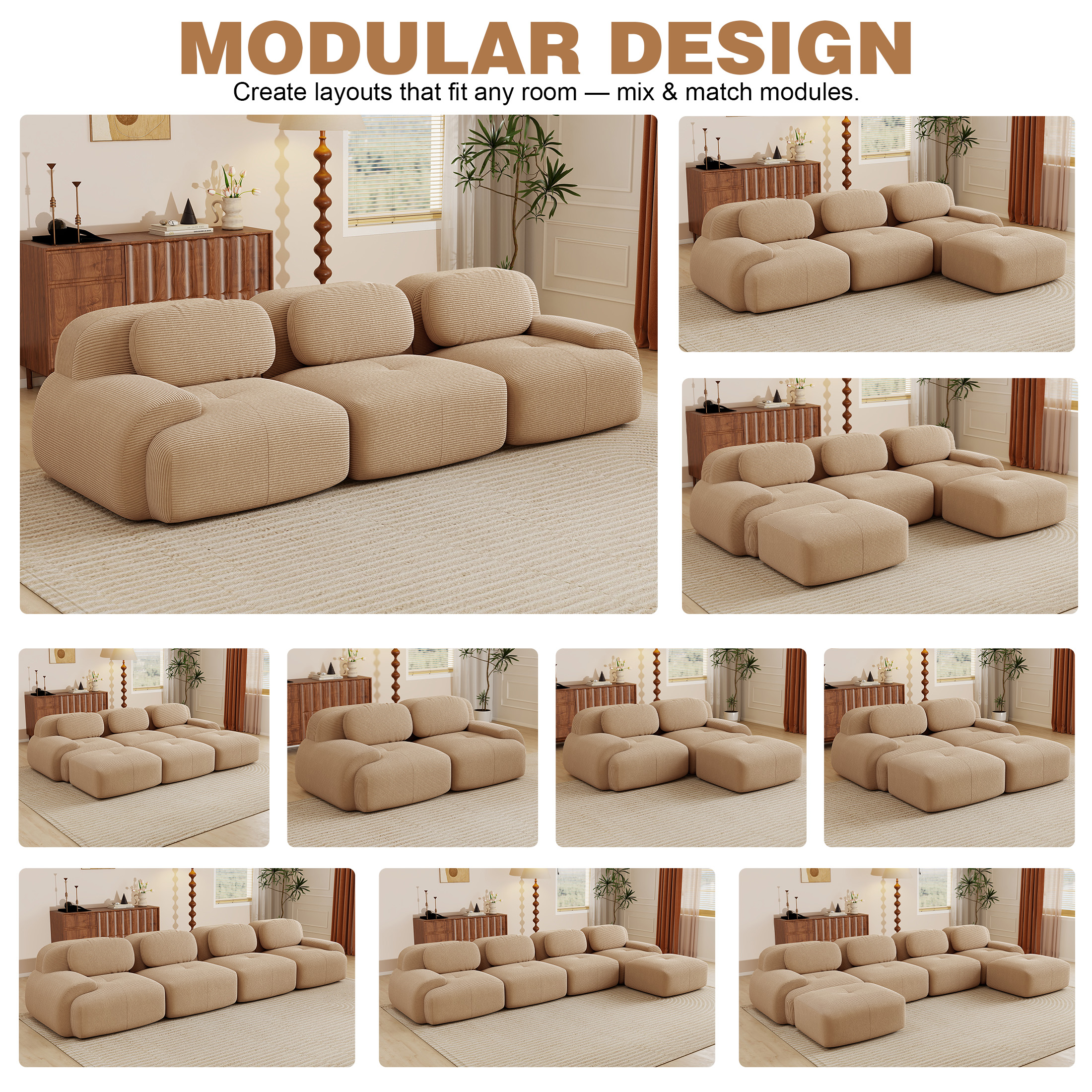Aukfa 118" Modular Sectional Sofa, 3-Seater Deep Seat Couch for Living Room, Corduroy, Coffee