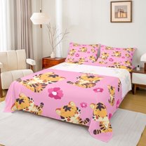 Homewish Kawaii Tiger Lover Twin Sheet Sets for Kids, Pink Blossoms Flower Floral Twin Fitted Sheet, Cute Cartoon Animal Flat Sheet, Ultra Soft Bedroom Decor, 3-Piece
