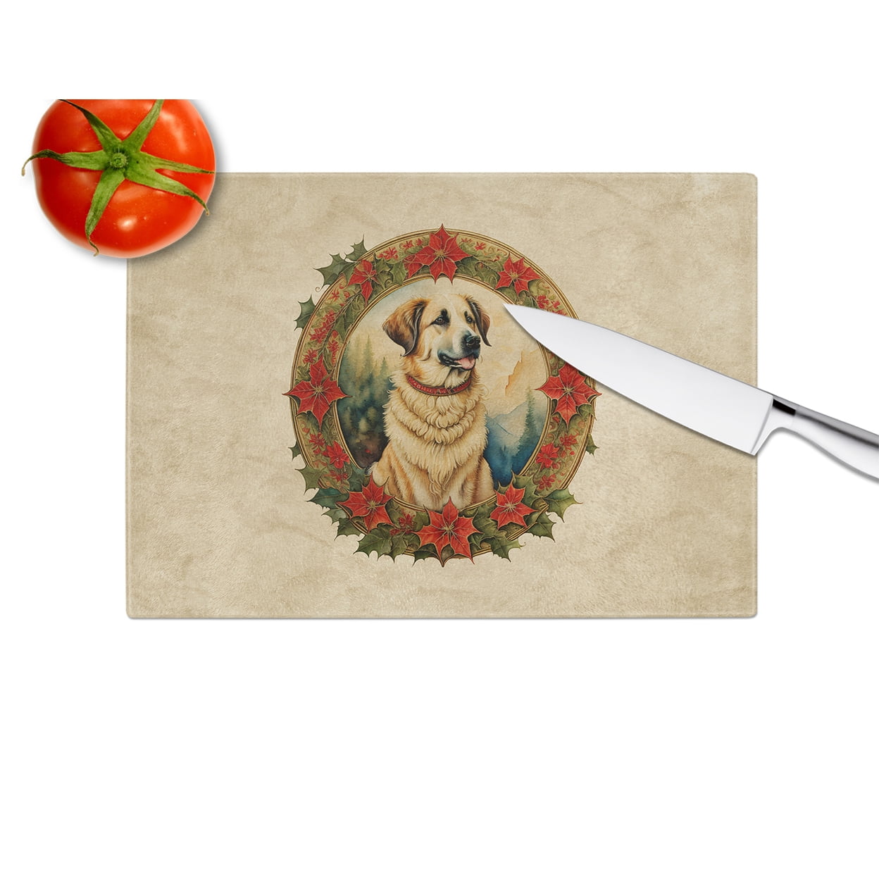 Anatolian Shepherd Dog Christmas Flowers Glass Cutting Board 12 in x 15 in