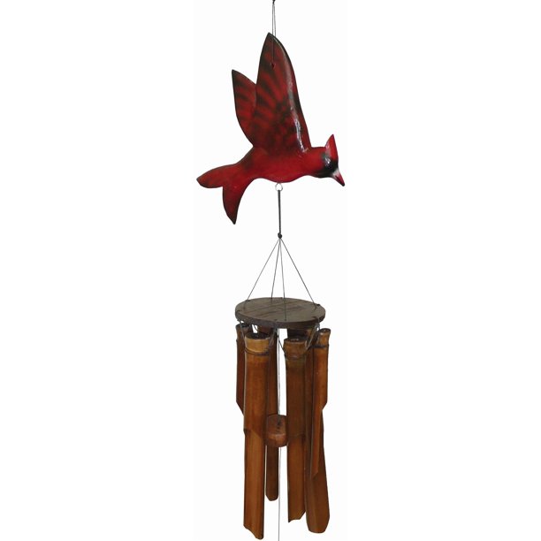 Campana de Viento de Bambú Cohasset con Cardenal Tallado en Madera Roja