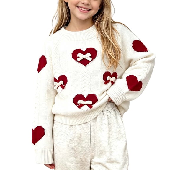BLVB Toddler Girls Valentine's Day Heart Pattern Knit Sweater Outfit Cute Crewneck Long Sleeve Pullover 1-9 Years(White,1-2Years)