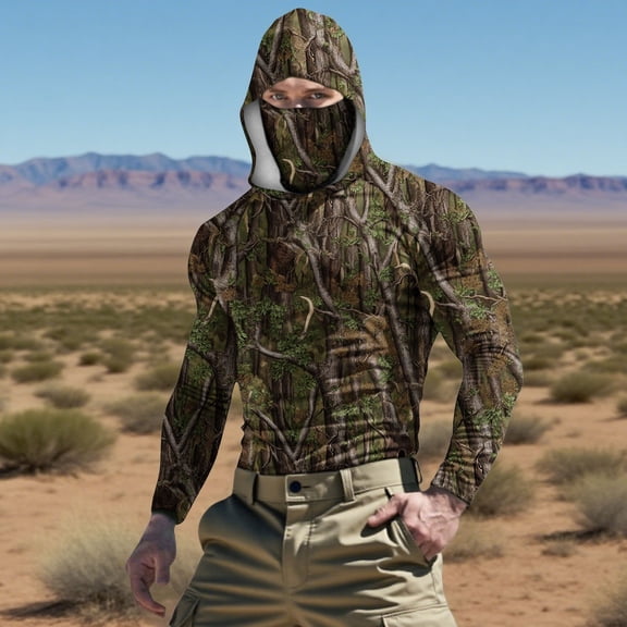 DIOAZUD Men's Hooded Sun Shirts with Mask Camouflage Raglan Long Sleeve Pullover Big and Tall Outdoor Hiking Travel Hoodies