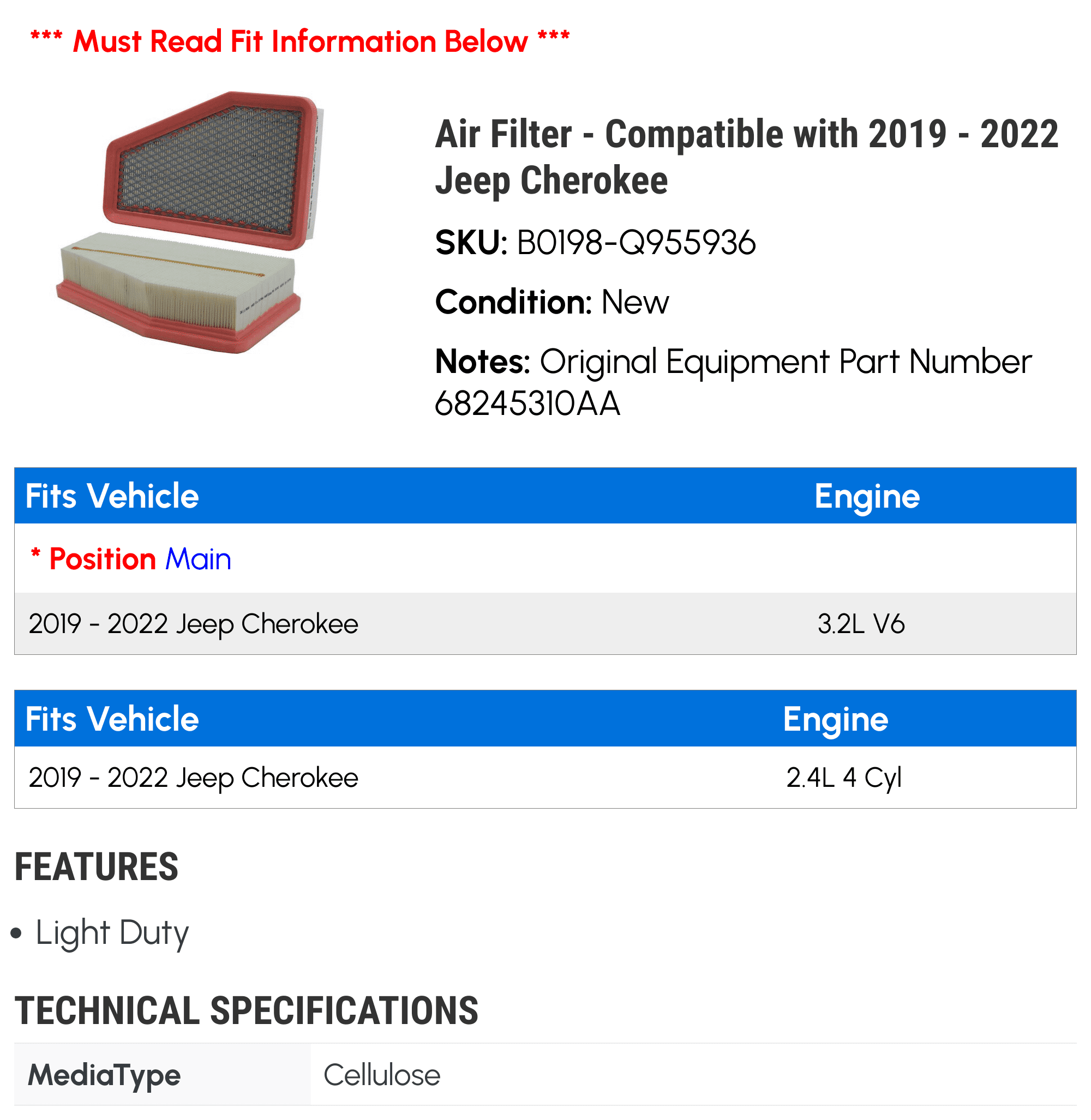 WIX Filters Light Duty Engine Air Filter Replacement filter for 2019-2022 Jeep Cherokee